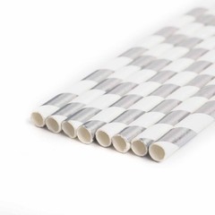 150 pcs 8″ White and Silver Biodegradable Striped Paper Straws Light Gray Party