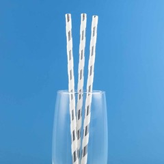 150 pcs 8″ White and Silver Biodegradable Striped Paper Straws Light Gray Party