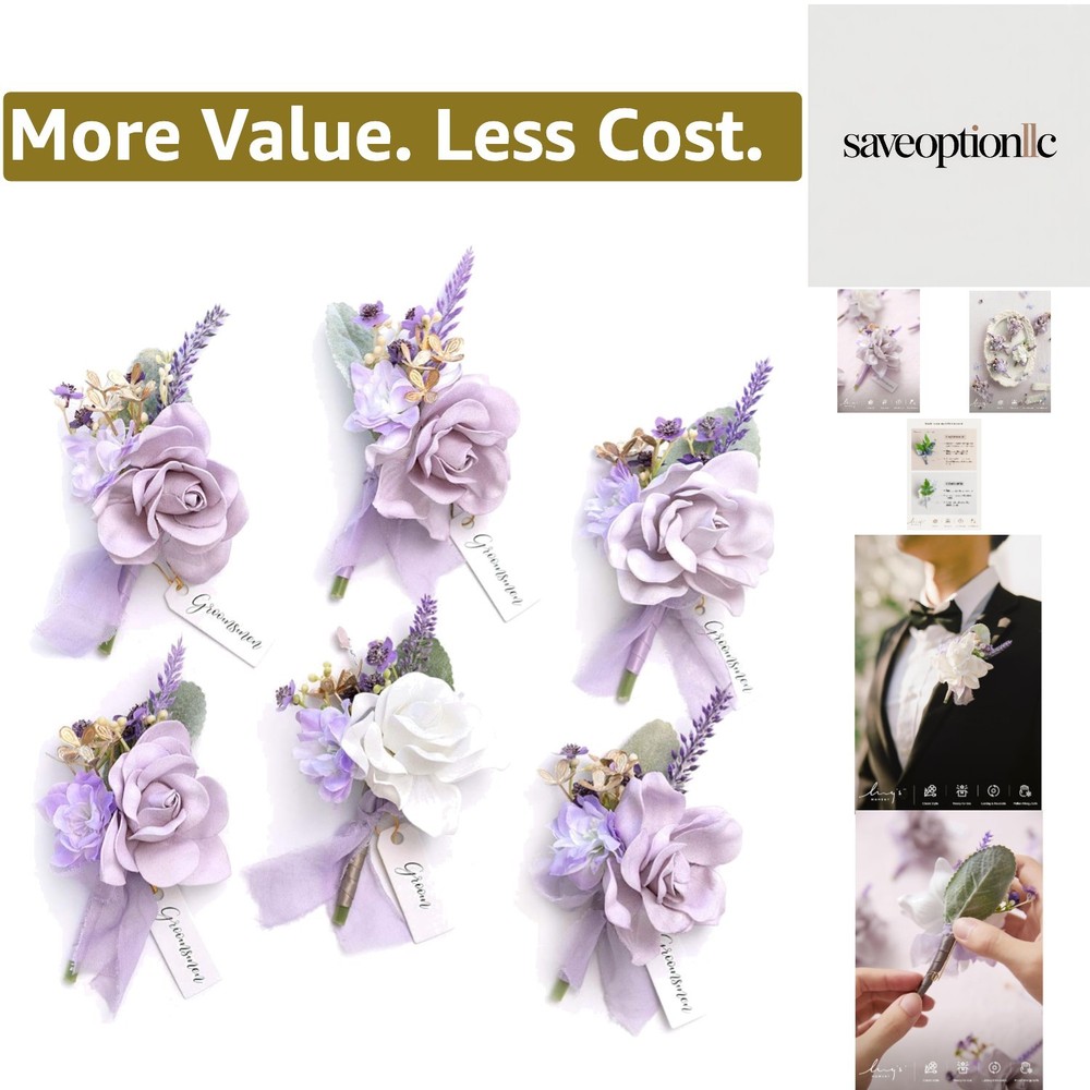 Boutonniere for Men, 6pcs Groom Groomsmen Boutonniere with Built-in Pins, Art…