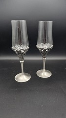 Pair Pewter Glass Champagne Flutes Roses Grapes Wedding Toast Goblets