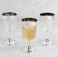 12 Plastic SILVER Rimmed CLEAR WINE GLASSES CUPS Disposable Party Home