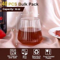 Lueumxc 40 Pack Plastic Ribbed Wine Glasses, 14Oz Origami 14oz-clear-40pack