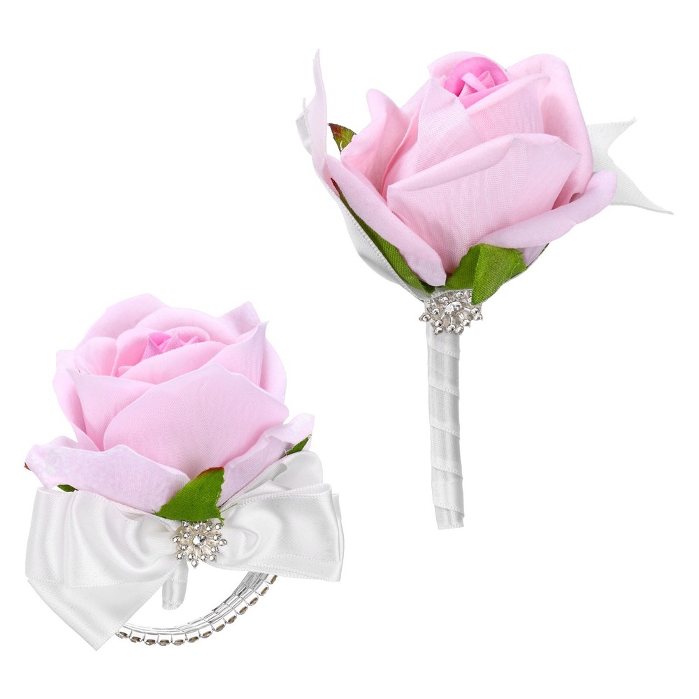 2Pcs Wrist Corsage Boutonnieres Set with White Ribbon, Light Pink