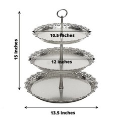 15″ Metallic Silver 3 Tier Plastic Cupcake Stand Round Tower Lace Cut Trim Party