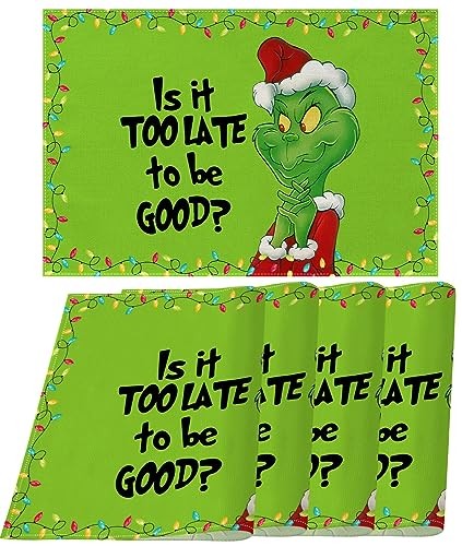 Linen Christmas Placemats Set of 4 Merry Christmas Table Mats 12″ x 18″ Green