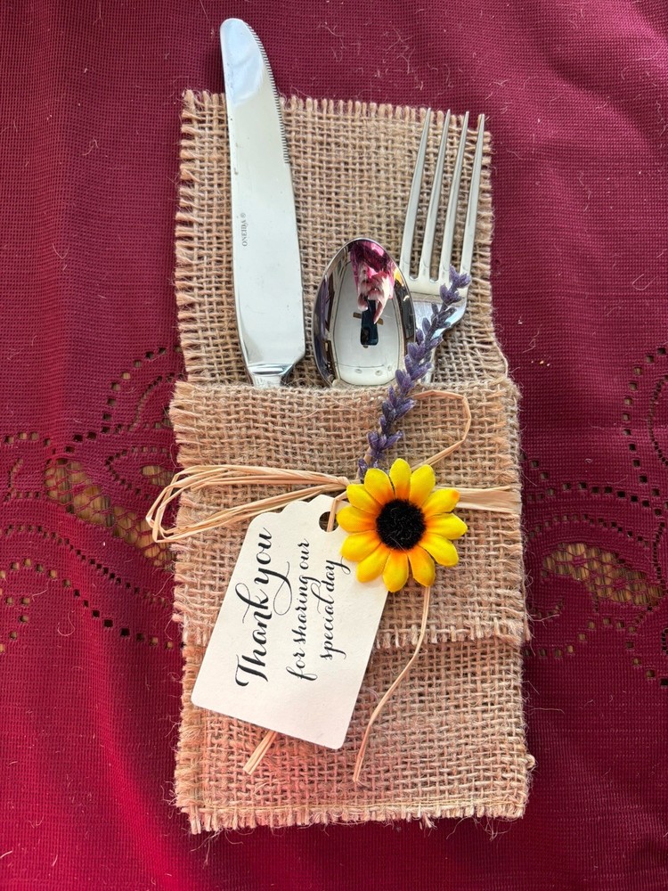 Handmade Burlap Silverware Holders: 60 Sunflower, Thank You; Used At Wedding