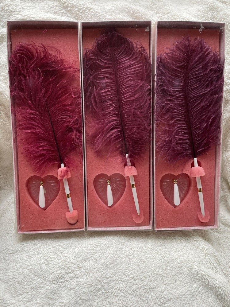 Set of 3 Vintage Hortense B Hewitt Co Pink Feather Pen w/ Velvet Dove Base