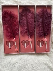 Set of 3 Vintage Hortense B Hewitt Co Pink Feather Pen w/ Velvet Dove Base