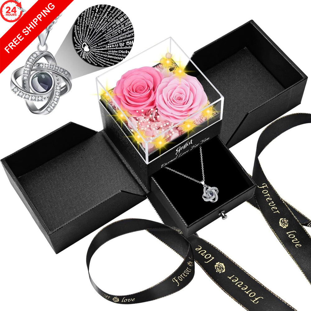 Preserved Pink Real Rose with I Love You in 100 Languages 4.33 inches,