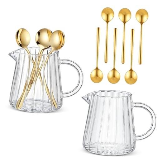 Elegant Wave Coffee Pitcher with 6 Gold Coffee Spoons Set 8.5oz Crystal Glass