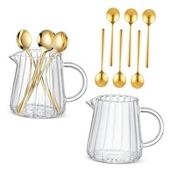 Elegant Wave Coffee Pitcher with 6 Gold Coffee Spoons Set 8.5oz Crystal Glass