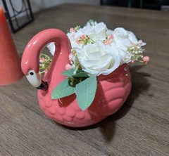 Wedding Centerpiece, Flamingo Table Decor with Bouquet of White Mini Roses