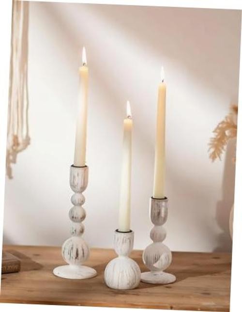 Taper Candle Holders Decor: Set of Wooden Candlestick 3 Rustic Whitewash
