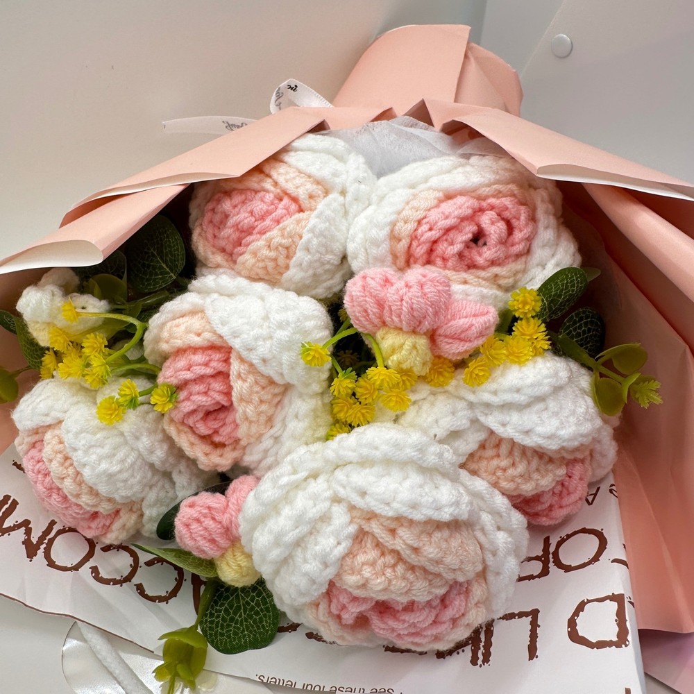 Crochet Rose Bouquet 13” Pink White LED Lights with Gift Bag & Card Graduation