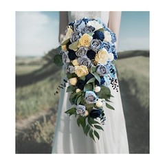 24″ Long Dusty Blue Navy Bridal Bouquet Sola Wood Flower Cascading White Wedding