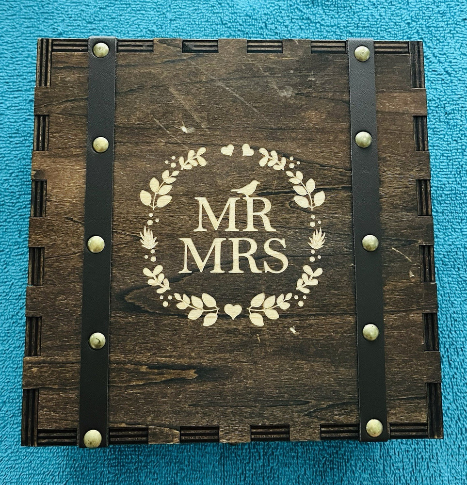 Mr & Mrs Wooden Wedding Card Keepsake Box, Brown Rustic Rectangular w/ Latch