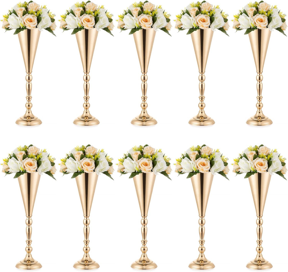 Elegant Gold Vase Centerpiece – 10 Pcs Tall Flower Stands for Weddings & Events