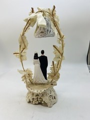 Vintage 1940s 1950s Wedding Cake Topper Bride Groom Bell Fabric Flower Arch