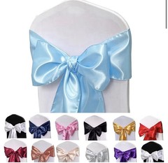12 Blue Satin Chair Sash with Bow, Solid Plain, Reusable Wedding Decoration