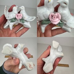 2 Vtg White Figurines Birds Doves Roses Leaves Branch Wedding Tabletop Deco Gold