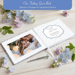 Blue Floral Wedding Guest Book Hardcover with Pen – 9×7 Inch 144 Pages Sign I…