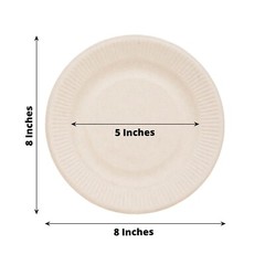 50 Round 8″ NATURAL Bagasse Sustainable Salad PLATES Ribbed Rim Party Events