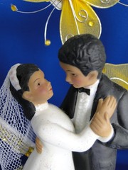 New Medium Dark skin Bride & Groom Wedding CakeTop, gold decor & heart, #341