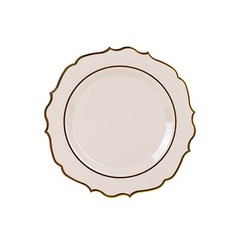 10 TAUPE 10.5″ Round Plastic Dinner Plates GOLD Scalloped Rim Events Wedding