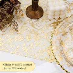 2 PCS Table Runner, Glitter Metallic Printed Rattan White Gold Table Gold White