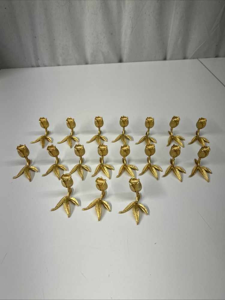 VTG Texte turned Gold Tone Metal Tulip Name Place Card Holders Set Of 18