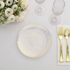 10 White 7″ Round Plastic Salad and Dinner Plates Gold Strokes Party Decorations