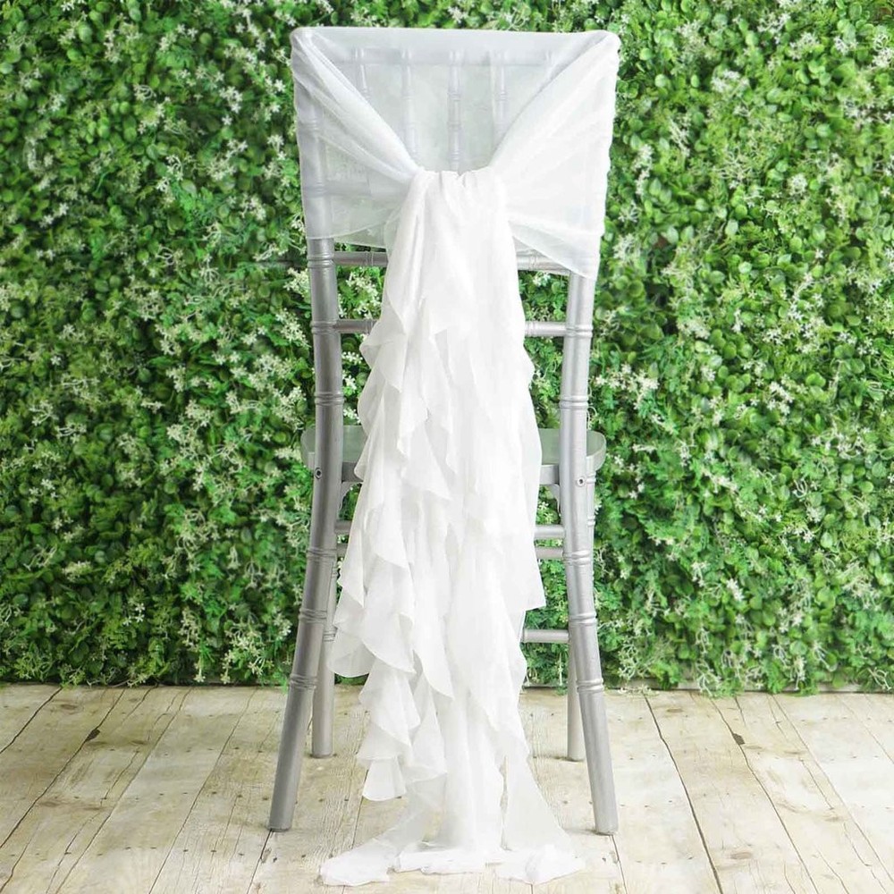 White Premium CHAIR COVER with Curly Chiffon Ruffled SASHES Decorations