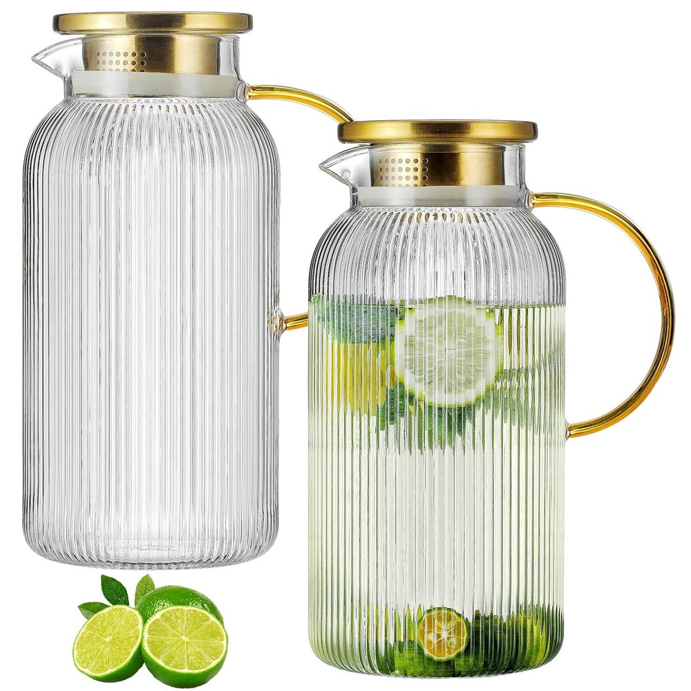Buaic 2 Pack Glass Pitcher Lid 68 Oz/ 2 Liter Classic Vertical Stripes Water