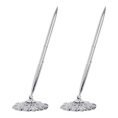 Silver 2 Pcs Hollow Round Pen Holder Set for Signing & Ballpoint Pens