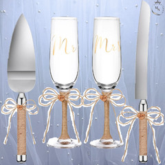 4 Pcs Wedding Cake Knife and Champagne Flutes Server Set For Bride