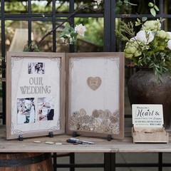 Antique White & Brown Guest Book Frame for Weddings – 80 Wooden Hearts Inside