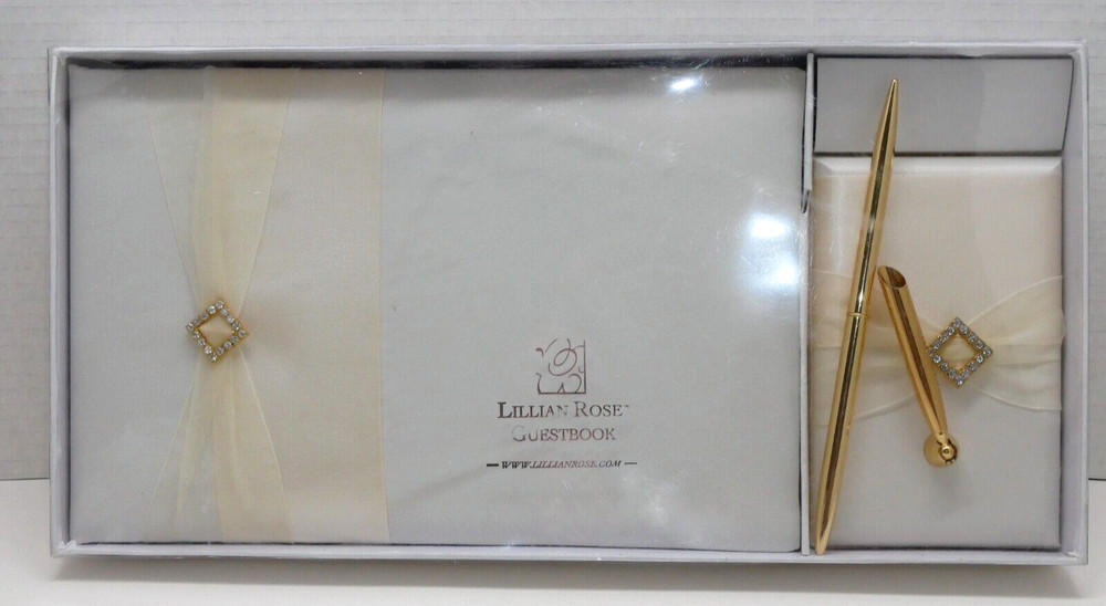 Lillian Rose Ivory Guest Book With Pen Set Gold Tone Rhinestone Detail