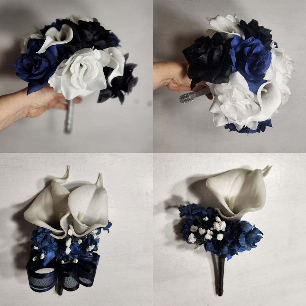 Navy Blue Black White Rose Calla Lily Bridal Wedding Bouquet Accessories