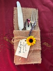 Handmade Burlap Silverware Holders: 60 Sunflower, Thank You; Used At Wedding