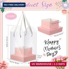 Kolldenn 12 Pack Clear Pink Flower Bouquet Bags with Handle, 9.45 Inch Mother’s