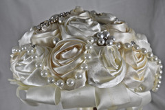 Handmade Satin Rose Ribbon Wedding Bouquet Artificial Bridal Pearls Beads Ivory