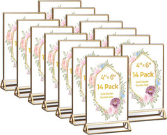 14 Pack Acrylic Sign Holder 4X6 Gold Frames, Wedding Table Number Holders Double
