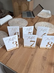 Acrylic Wedding Table Numbers 1-20 with Number 1-20, 5″x7″ White and Gold Font