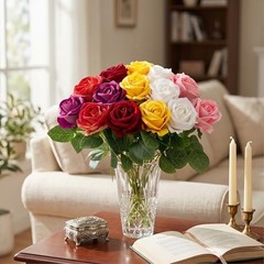14PCS Artificial Roses, Realistic Silk Fake Roses Flowers with Long Mix Color