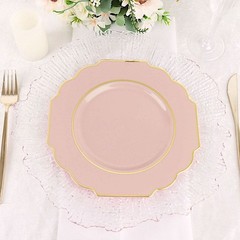 10 BLUSH 8″ Baroque PLASTIC DESSERT PLATES with Gold Rim Party Event Decorations
