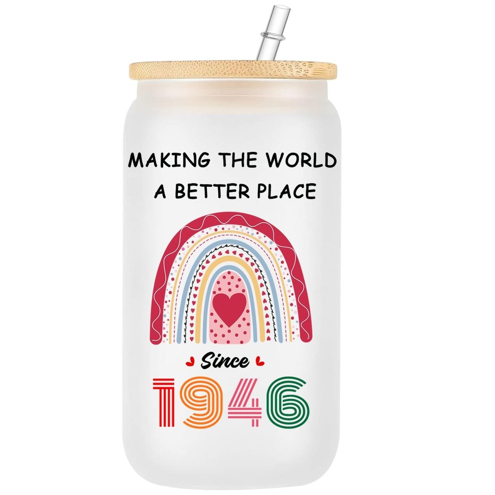 WOSIWULA 80th Birthday Gifts Glass Cup with Lid and Straw, 1946 80 Year Old B…