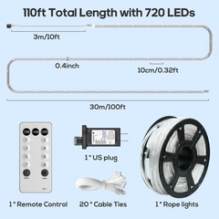 100Ft 720 LED Rope Lights Outdoor Waterproof with Remote, 8 Modes and 4 Brigh…