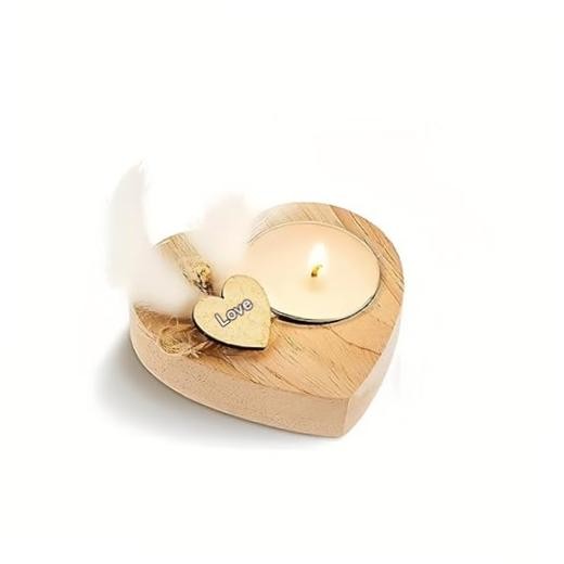 Handmade Heart-Shaped Wooden Candle Holder with White Feather， Natural Soy Wax