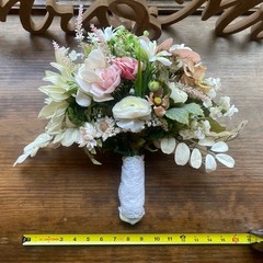 Bridal Wedding Bouquet Hand made Budget Friendly Faux Flowers White Pink Green