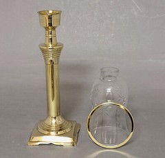 Candle Holder Brass Star Cut Glass Shade and Brass Ring 4.5″Sq 17.5″High Set/2